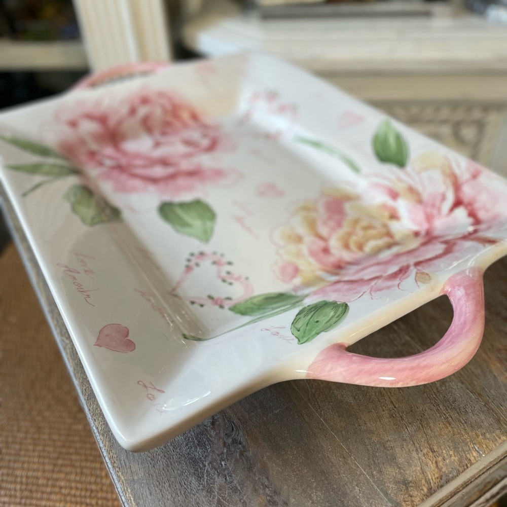 Maxcera love amour white & pink floral ceramic tray